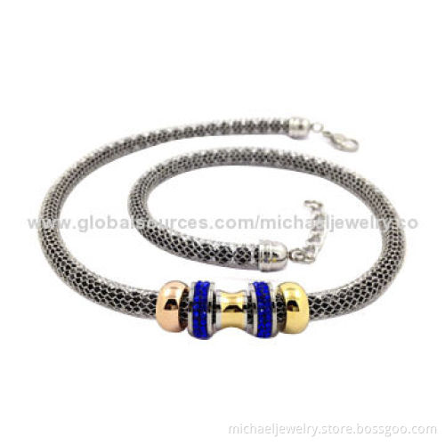 Stainless steel necklaces with black opal beads and crystal PP stones, plating rose gold and gold